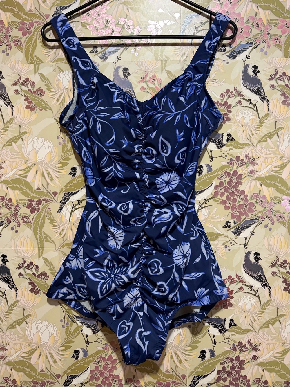 Vintage Maxine of Hollywood Navy Floral Ruched One-Piece Swimsuit